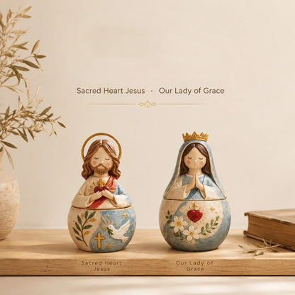 ✨ Divine Grace Collection: Hand-Painted Sacred Heart Jesus & Blessed Mary Keepsake Box
