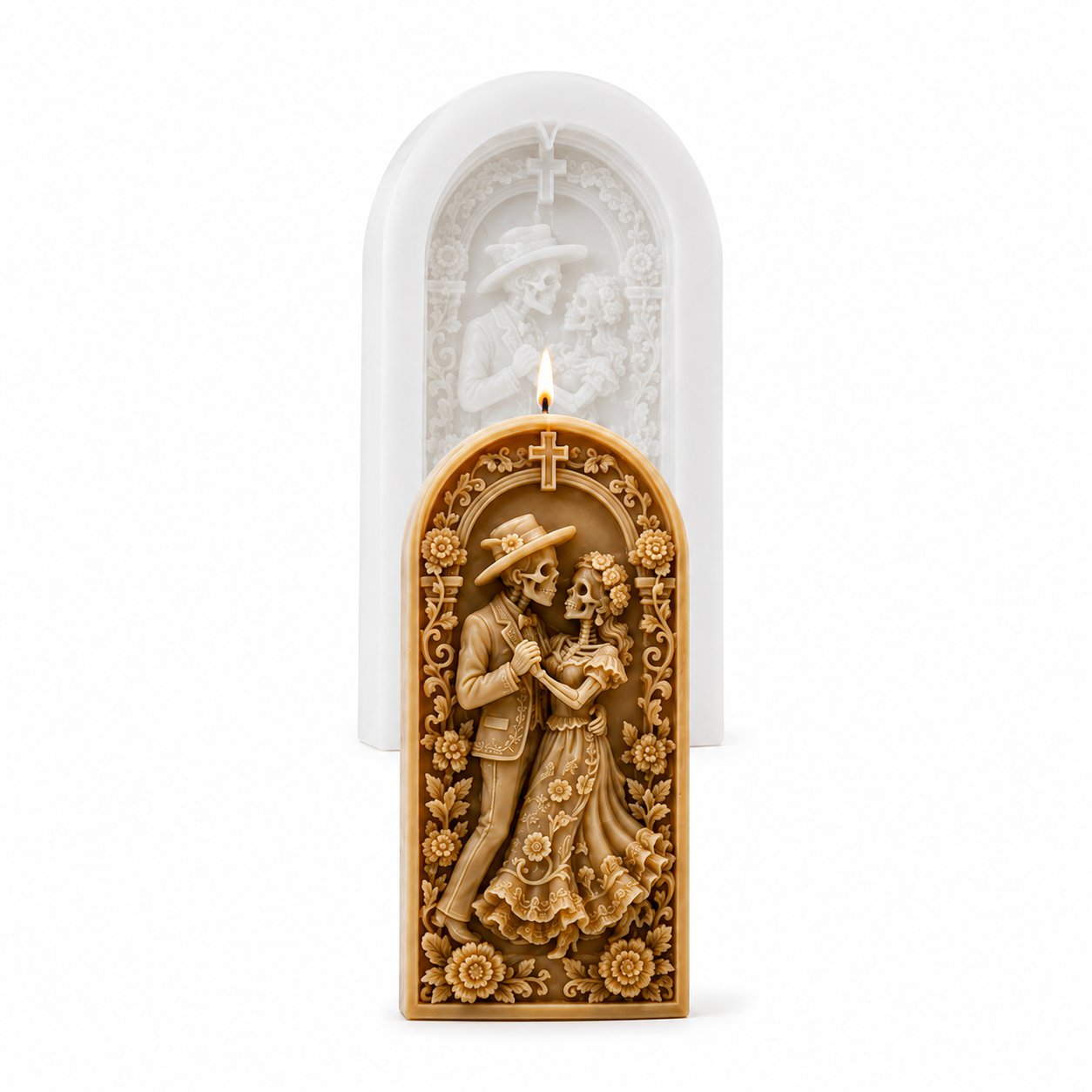⏳ Last Day 49% OFF – 💀 4-Piece Día de los Muertos 3D Relief Candle Mold Set | Detailed Skeleton, Floral & Arched Designs for Handmade Decorative Candles 🕯️✨