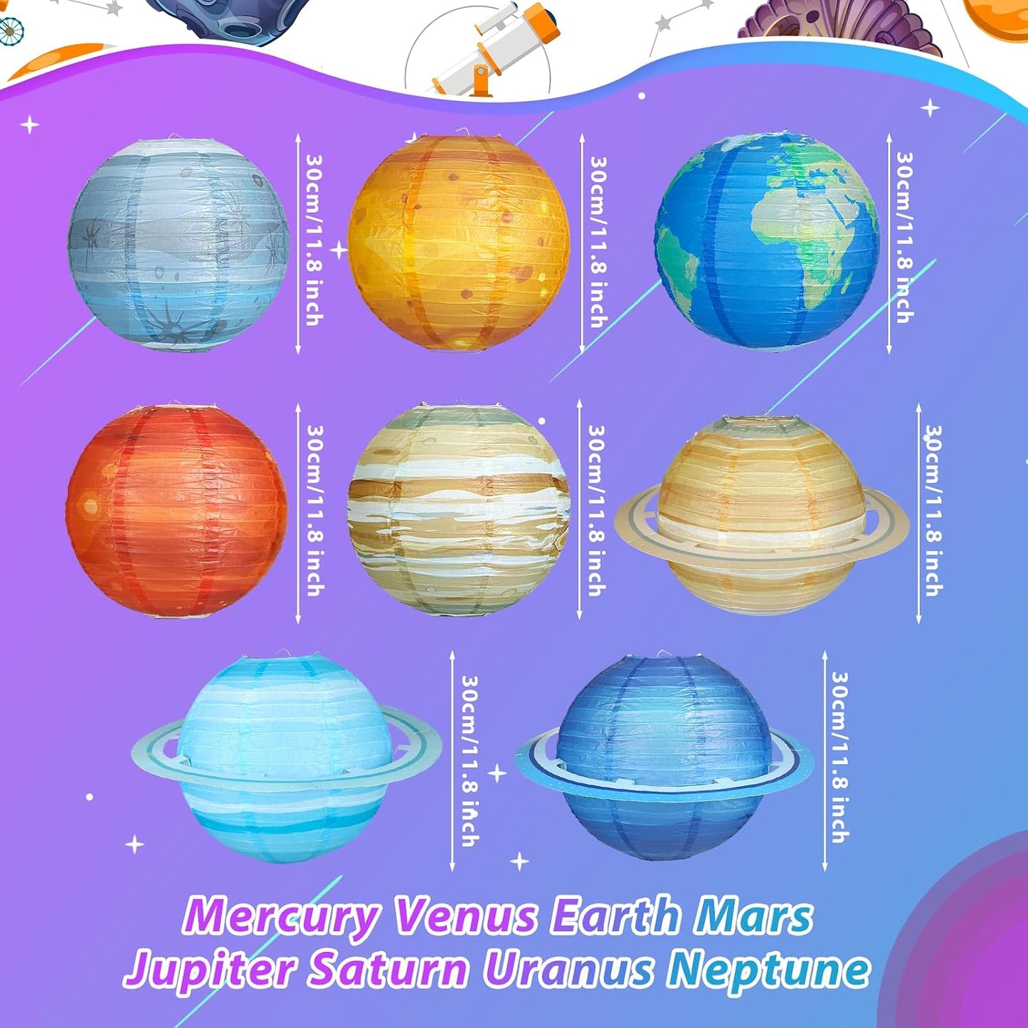 🪐 8-Piece Solar System Planet Paper Lantern Set – Outer Space Birthday Party Decorations