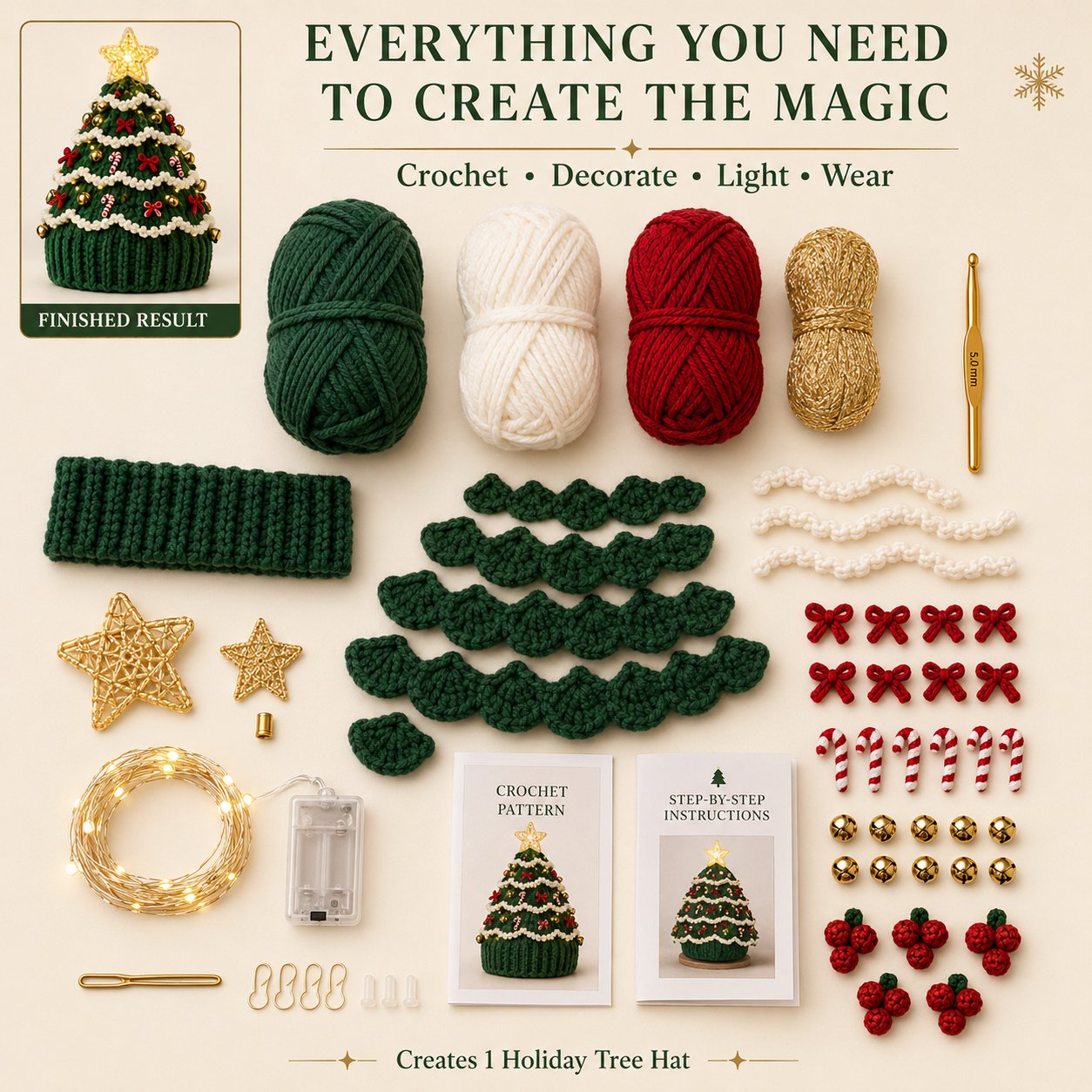 🎄Beginner-Friendly Light-Up Christmas Tree Crochet Hat DIY Kit | Complete Kit with Coordinated Yarn, LED Lights & Step-by-Step Guide Included 💕