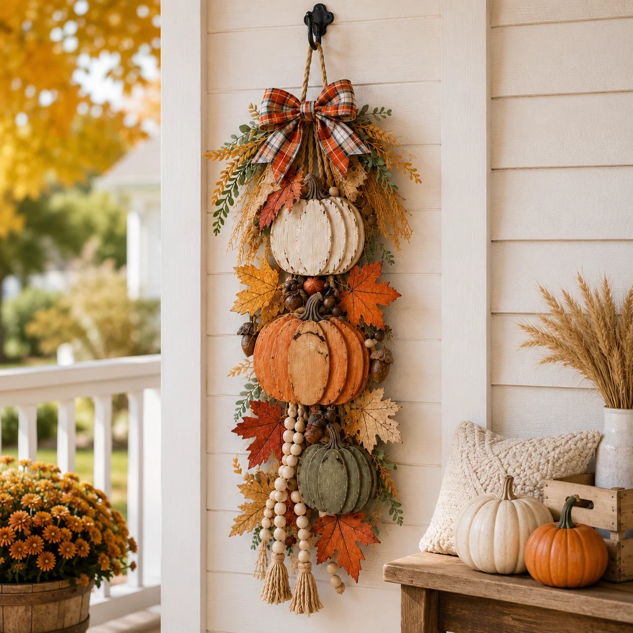 Rustic pumpkin door hanging during the day