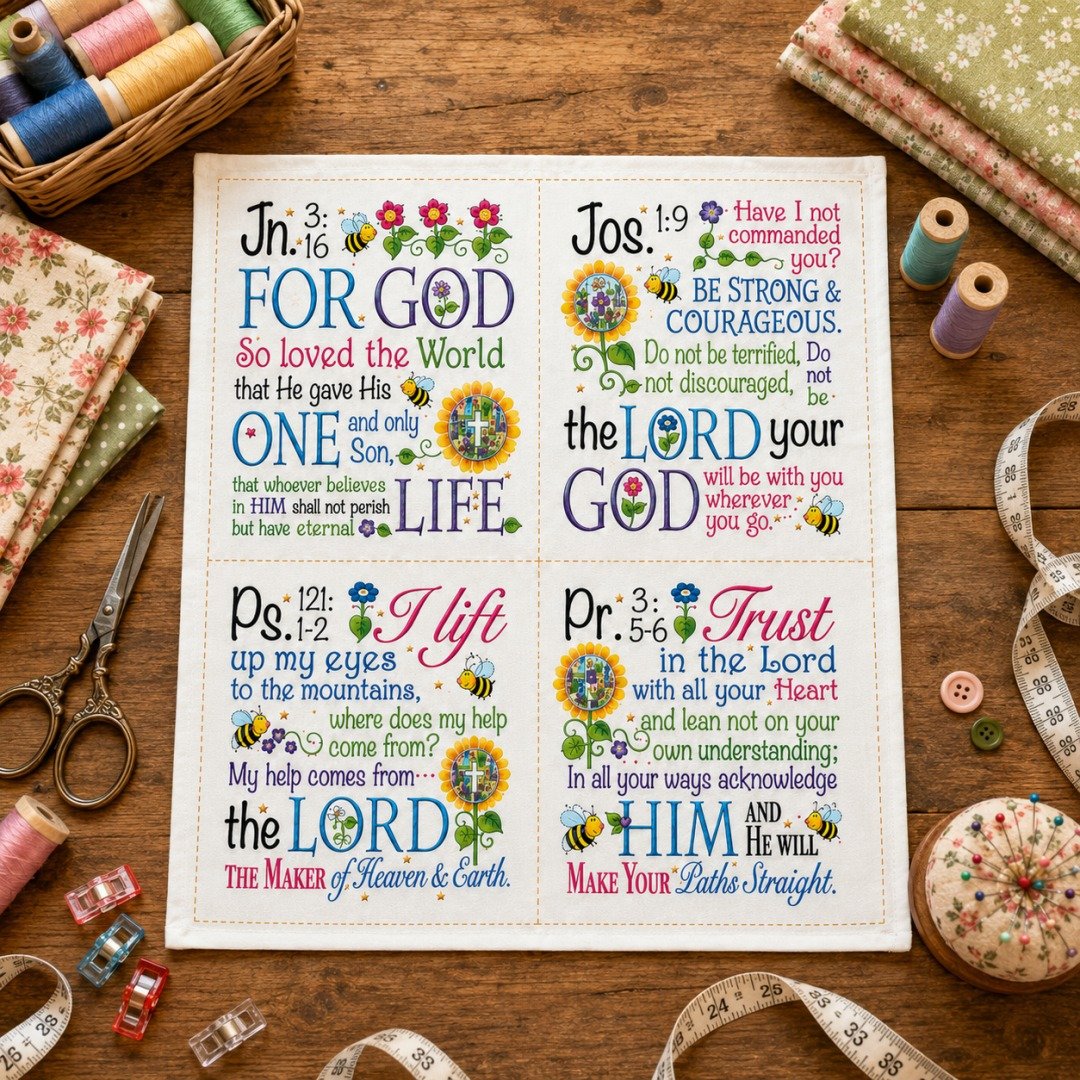 Scripture fabric panel close-up with floral and bee details
