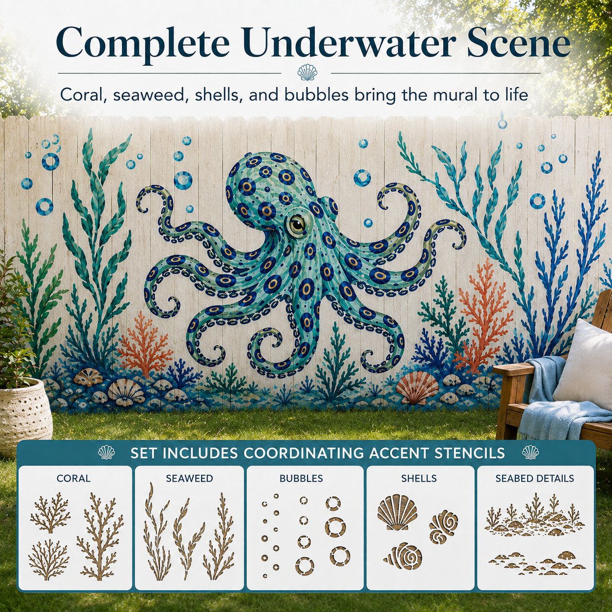 🐙 Reusable Ocean Octopus Mural Stencil Set | Bring Plain Walls & Fences to Life with a Bold Underwater Scene 🌊🎨✨