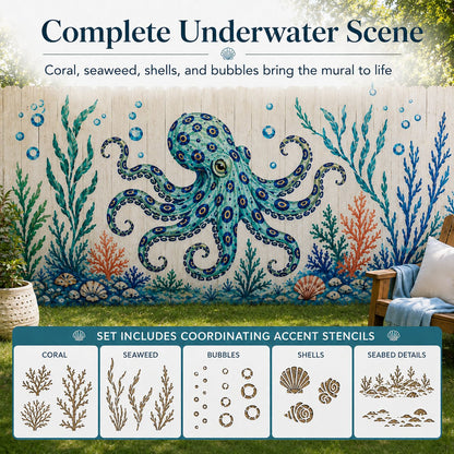 🐙 Reusable Ocean Octopus Mural Stencil Set | Bring Plain Walls & Fences to Life with a Bold Underwater Scene 🌊🎨✨