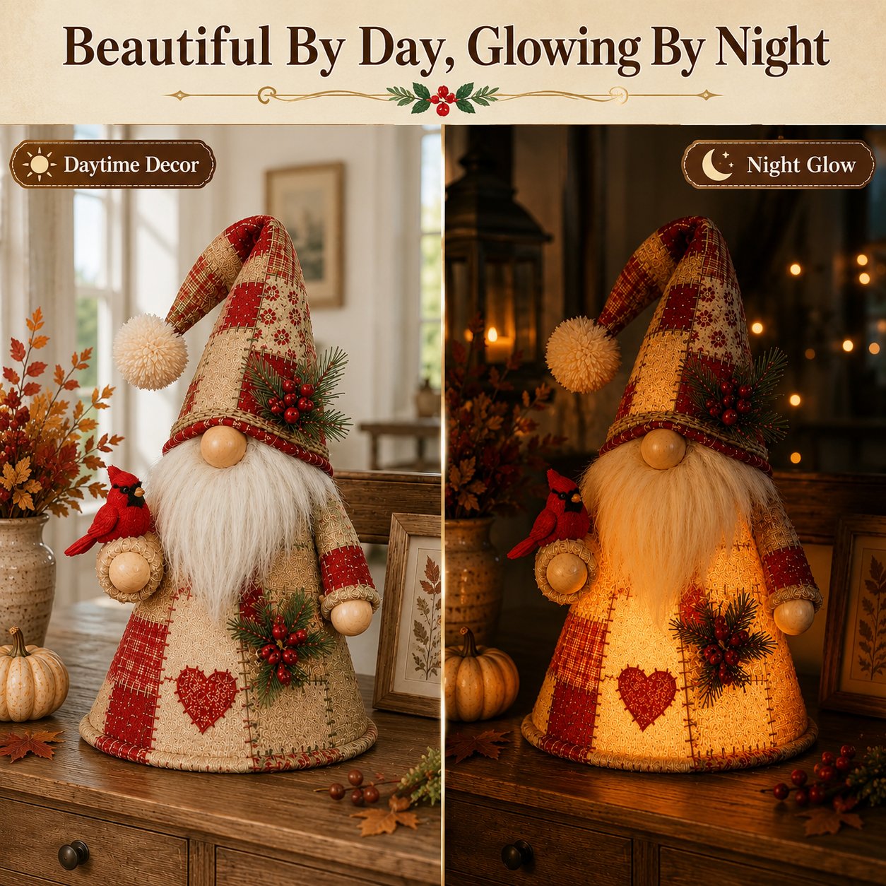 🔥 LAST DAY 49% OFF – 🐦Patchwork Bird Gnome Light Collection | Warm Glowing Tabletop Decor ✨