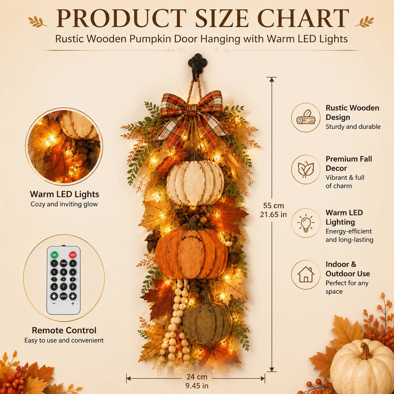Rustic pumpkin door hanging size and product view