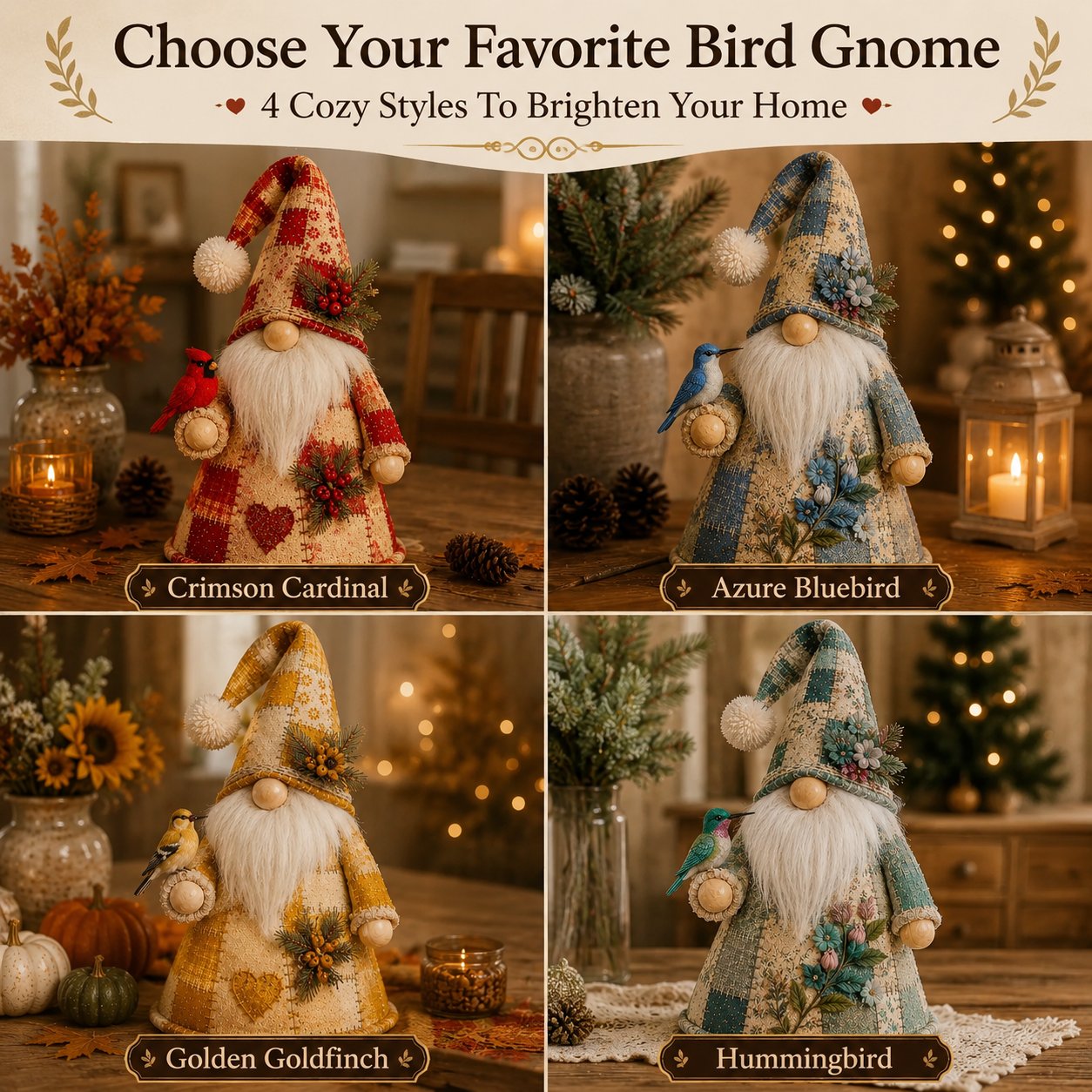 🔥 LAST DAY 49% OFF – 🐦Patchwork Bird Gnome Light Collection | Warm Glowing Tabletop Decor ✨