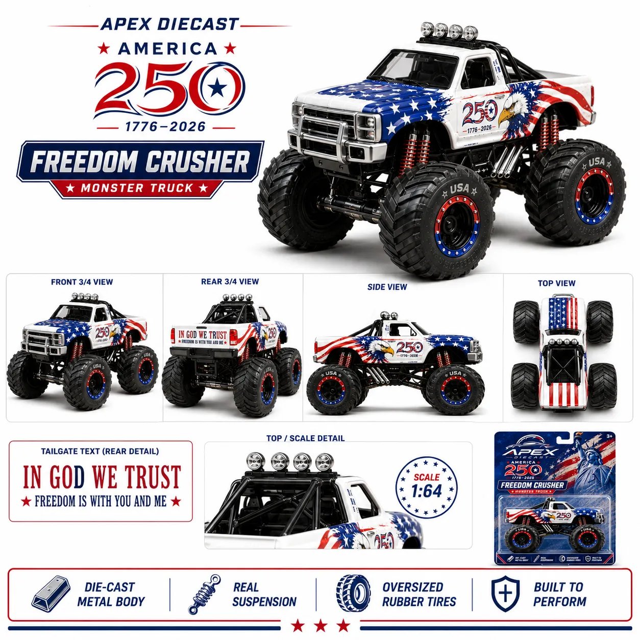 Freedom Crusher die-cast metal body and chassis detail