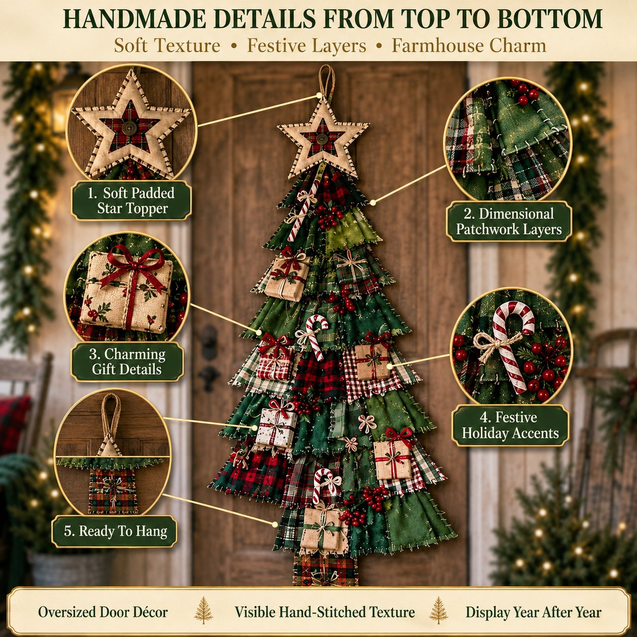 Patchwork Christmas tree festive details