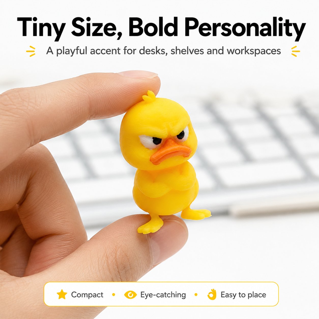 Angry duck figurines displayed in desk and shelf settings