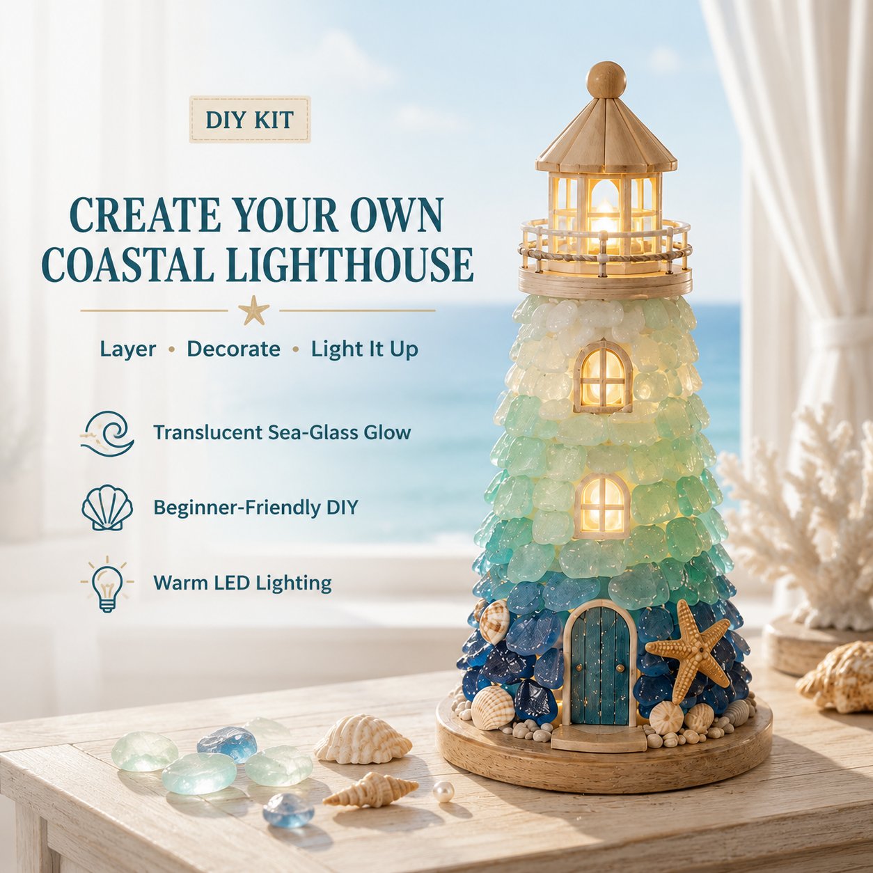 ⏳ Last Day 49% OFF – 🌊 Beginner-Friendly DIY Lighted Sea Glass-Style Lighthouse Kit Collection | Complete Kit with Sea Glass-Style Pieces, LED Lights & Step-by-Step Guide Included 💕