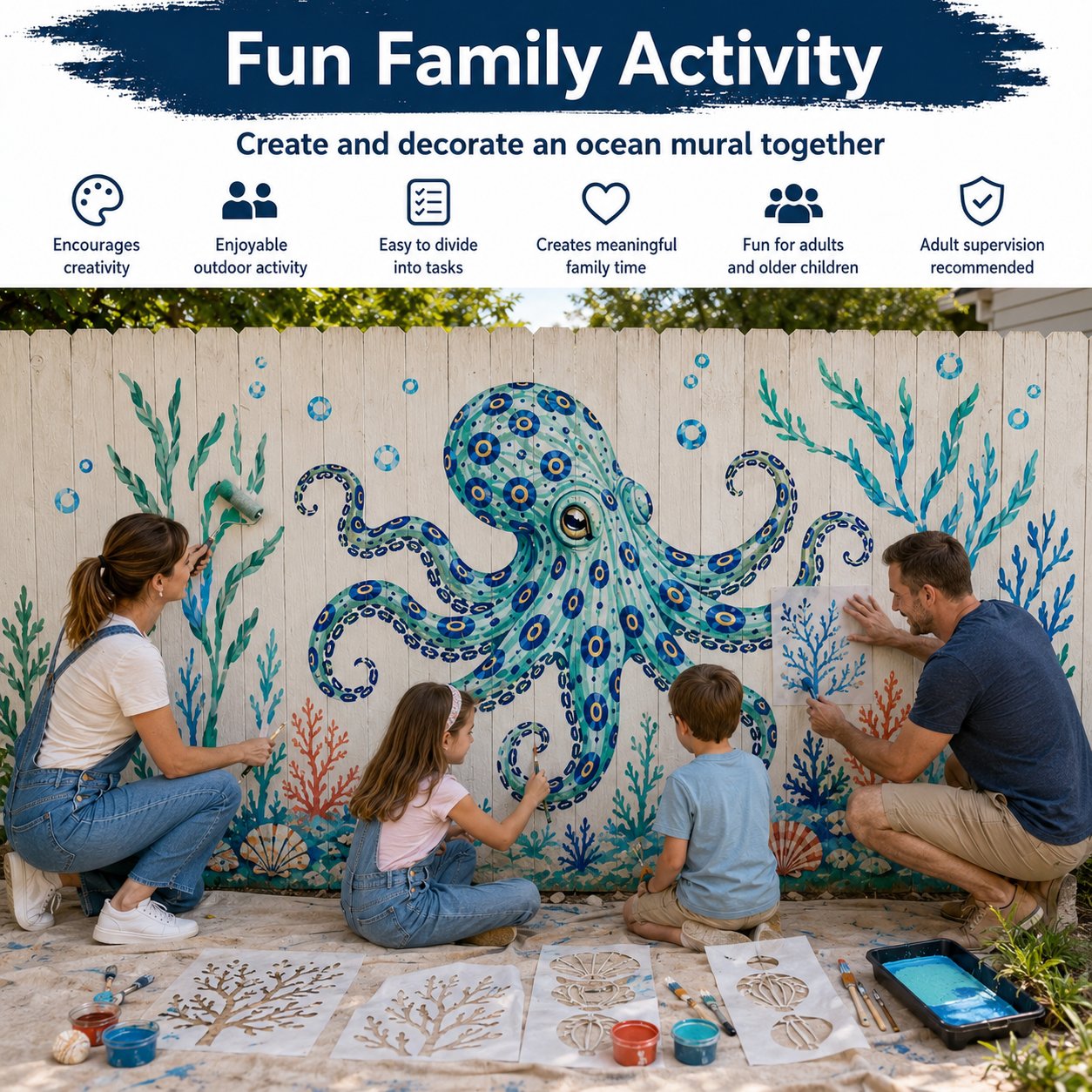 🐙 Reusable Ocean Octopus Mural Stencil Set | Bring Plain Walls & Fences to Life with a Bold Underwater Scene 🌊🎨✨
