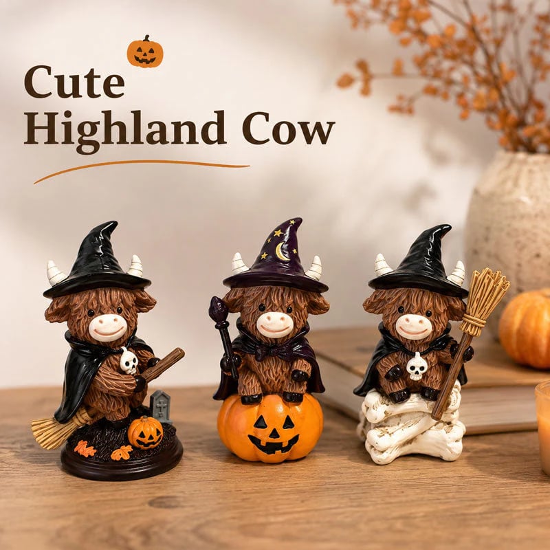 🎃Halloween Highland Cow Witch Ornament – Spooky-Cute Tabletop Decor for Mantel, Shelf & Candy Station