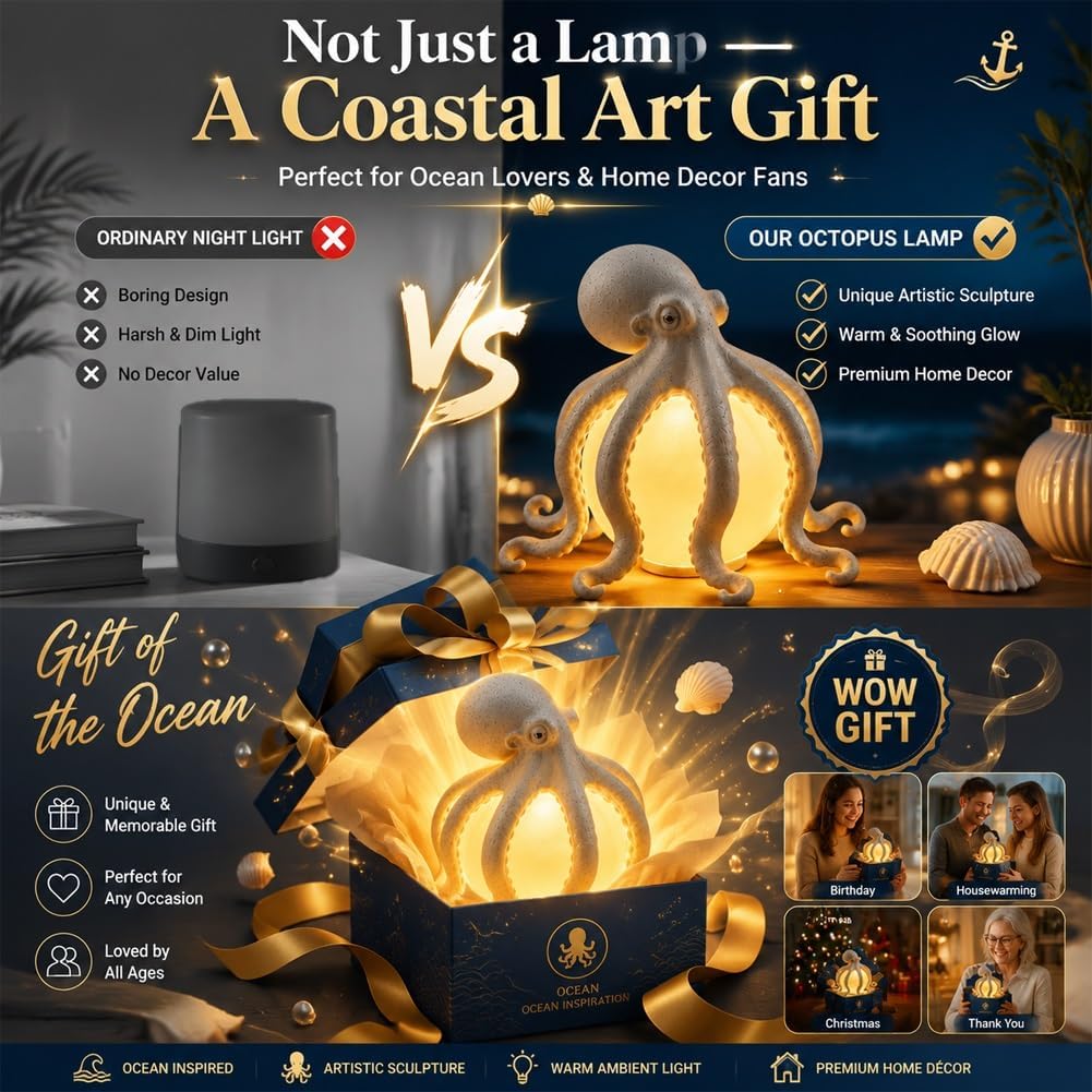 🎁🎉Last Day 49%OFF🌟🐙 Ocean Sculpture Octopus Ambient Table Lamp