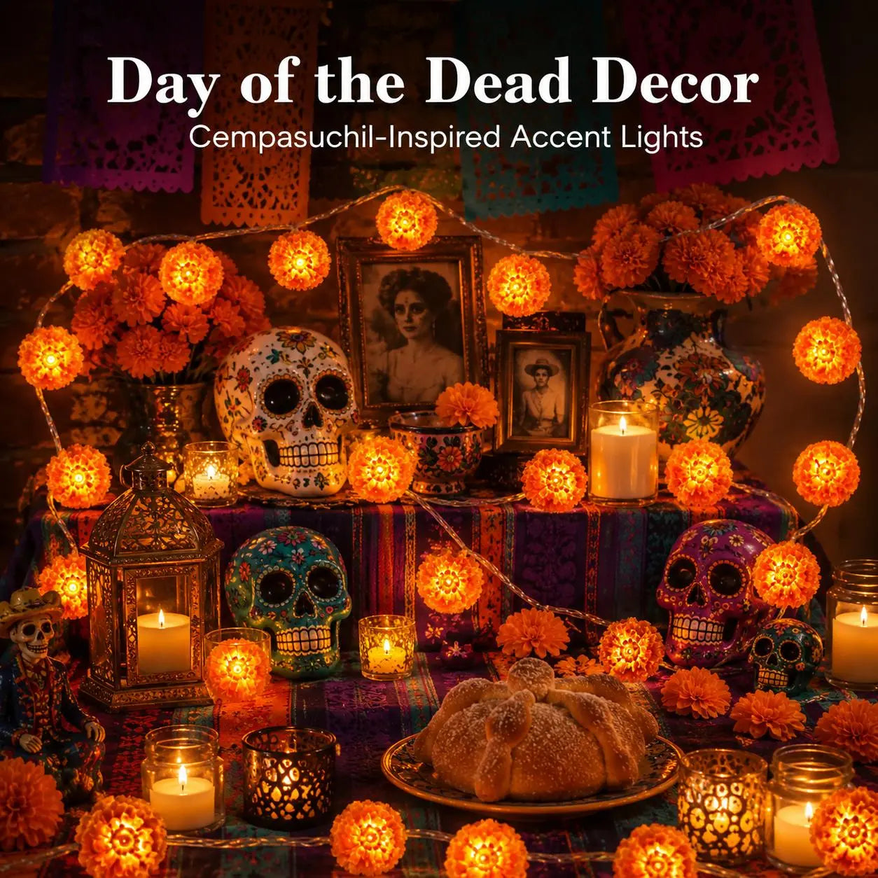3M 20-LED Marigold String Lights for Ofrenda, Halloween & Fall Decor