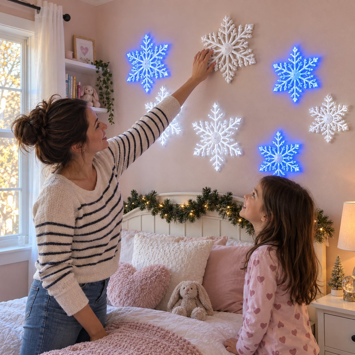 ❄️ LED Snowflake Wall Lights | 3D Christmas Snowflake Décor with Blue & White Glow, Remote Control & Magical Indoor Holiday Atmosphere ✨