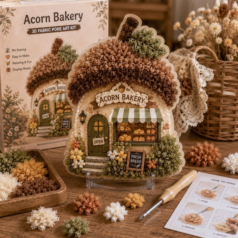 ✨ Whimsical Village 3D Fabric Poke Art Kit | No-Sew Storybook Cottage Craft with Soft 3D Texture, Poke Tool & Display Stand 🏡🧵