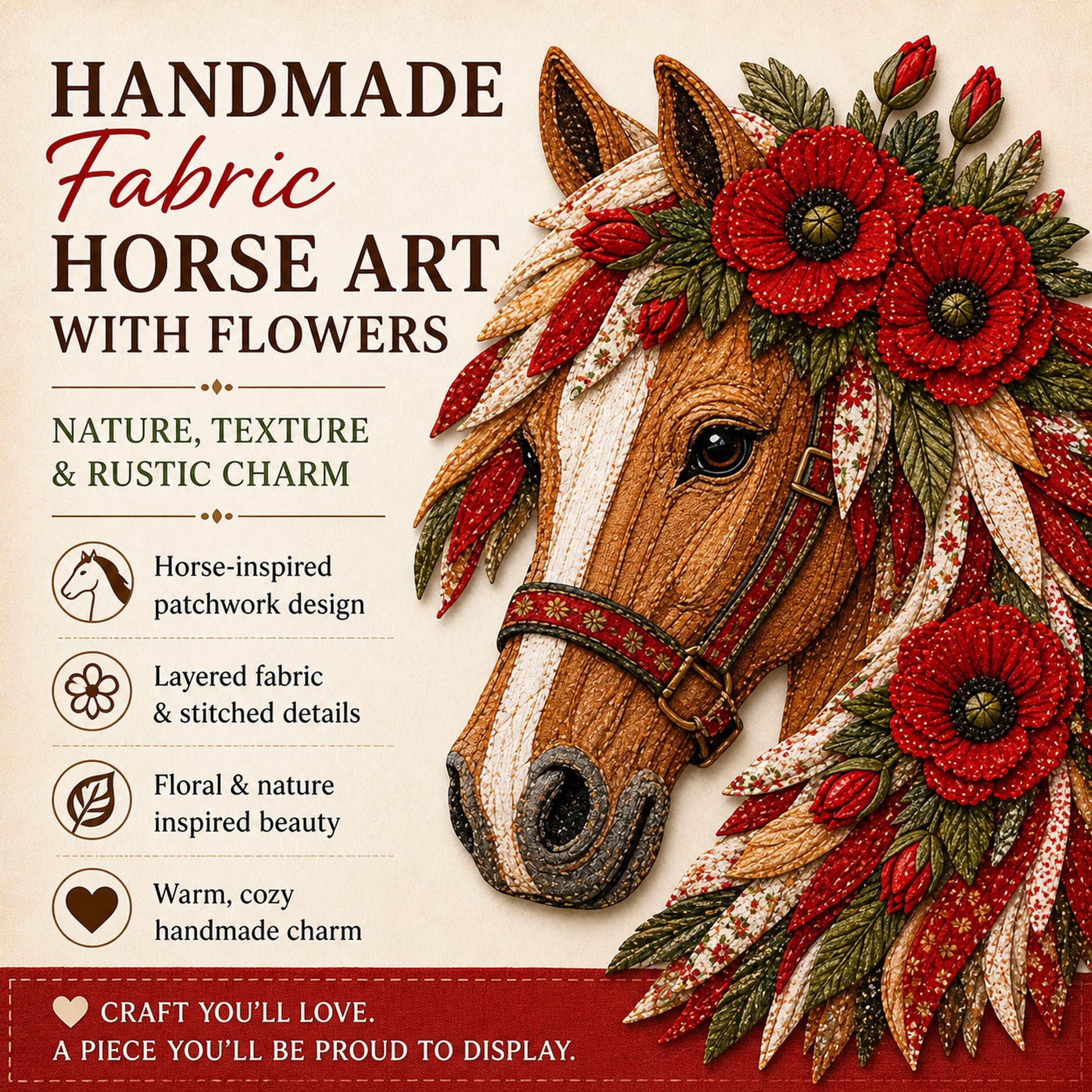 🔥LAST DAY 50% OFF - 🐴 Floral Horse Patchwork Fabric DIY Decor Kit — Handmade Fabric Horse Art with Flowers, Nature & Rustic Charm