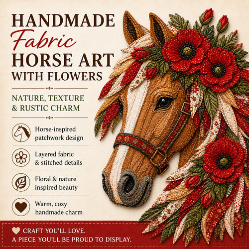 🔥LAST DAY 50% OFF - 🐴 Floral Horse Patchwork Fabric DIY Decor Kit — Handmade Fabric Horse Art with Flowers, Nature & Rustic Charm