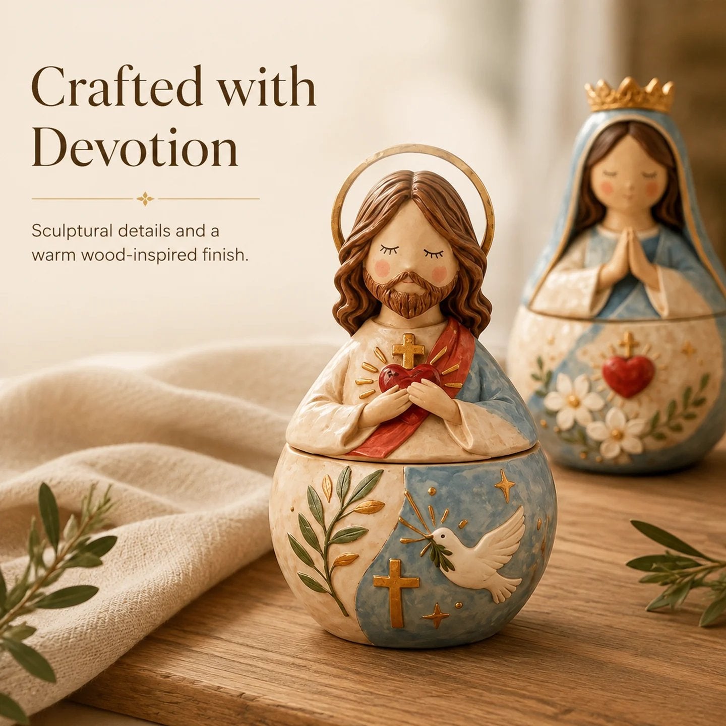✨ Divine Grace Collection: Hand-Painted Sacred Heart Jesus & Blessed Mary Keepsake Box