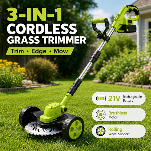 🍃3-in-1 Cordless Lawn Mower with Dual 21V Batteries – Lightweight Grass Trimmer & Edger for Effortless Yard Care