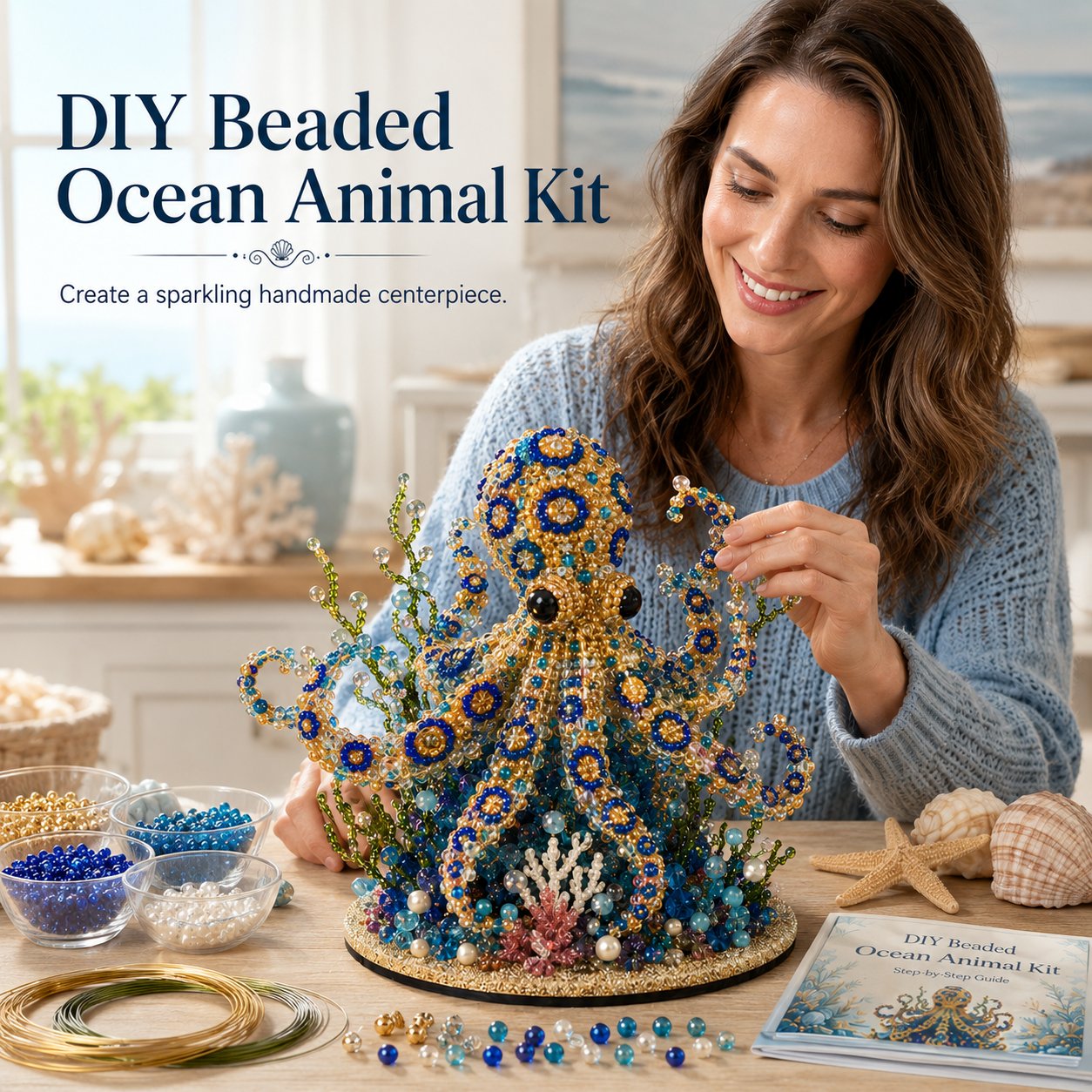 🔥LAST DAY 50% OFF -  🌊 Ocean Sparkle Animal Craft Kit | Create a Dimensional Underwater Centerpiece with Colorful Beads, Pearls & Coastal Details 🐚✨