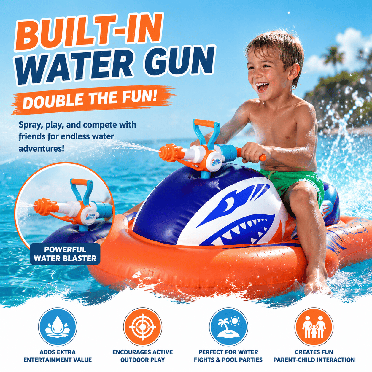 Shark inflatable pool ride-on lifestyle view