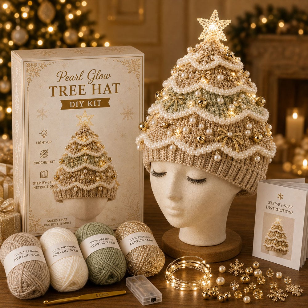 🎄Beginner-Friendly Light-Up Christmas Tree Crochet Hat DIY Kit | Complete Kit with Coordinated Yarn, LED Lights & Step-by-Step Guide Included 💕