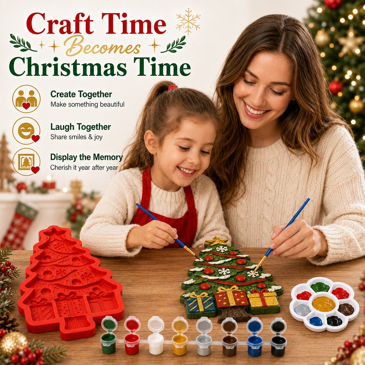🔥 LAST DAY 49% OFF – 🎄 DIY Christmas Tree Mold & Paint Craft Kit | Reusable 3D Mold with 8 Acrylic Paints, 2 Brushes & Festive Detail Guide 🎨✨