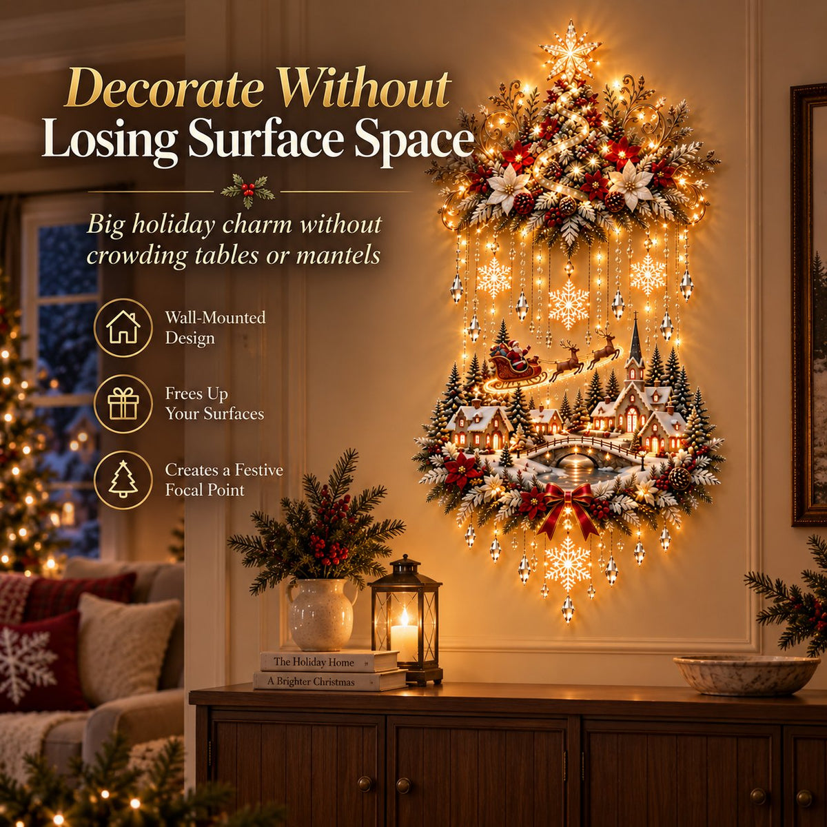 🎄 Illuminated Christmas Tree & Village Wall Hanging | Cascading Warm Lights for Living Rooms, Entryways & Staircases ✨