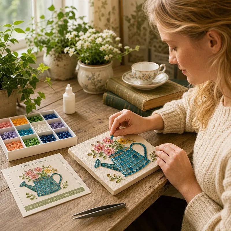 Watering Can Mosaic Art Kit displayed in a cozy cottage garden craft setting