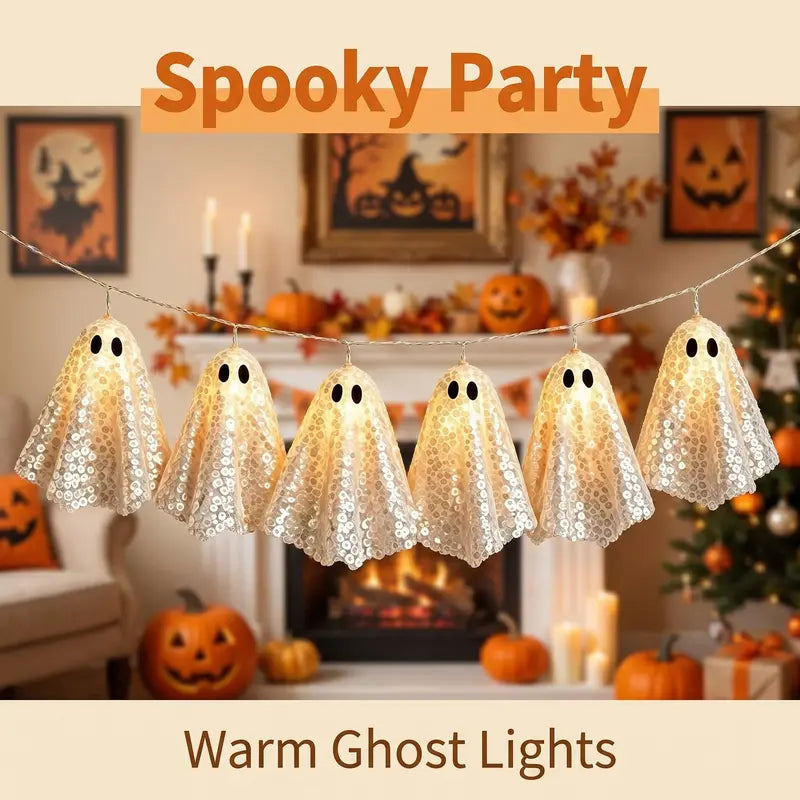10pcs Halloween Ghost String Lights, Atmospheric Glitter Ghost LED Lights, Battery Operated