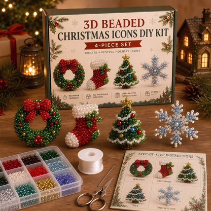 🎄DIY 3D Christmas Beaded Ornament Kit | Complete 4-Piece Set with Glass Beads, All Tools & Step-by-Step Guide Included 💕