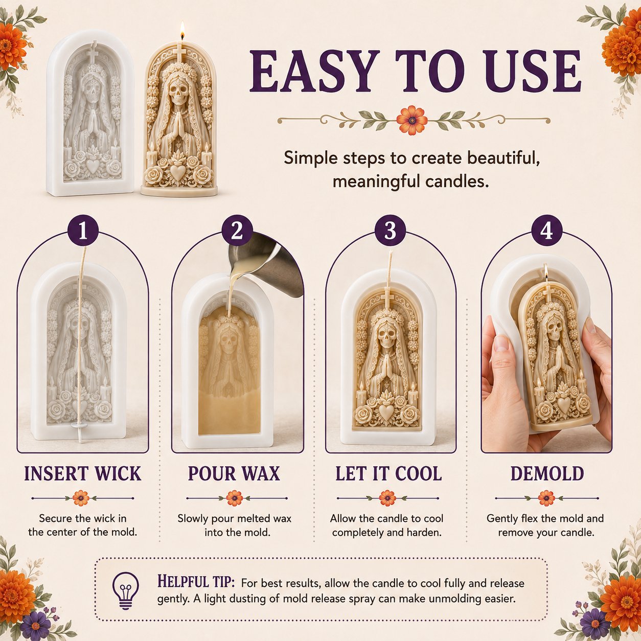 ⏳ Last Day 49% OFF – 💀 4-Piece Día de los Muertos 3D Relief Candle Mold Set | Detailed Skeleton, Floral & Arched Designs for Handmade Decorative Candles 🕯️✨
