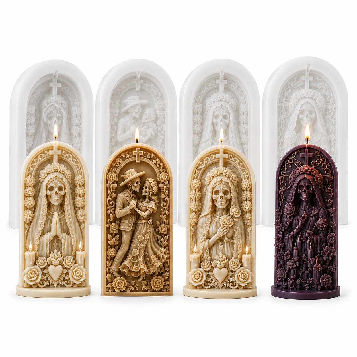 ⏳ Last Day 49% OFF – 💀 4-Piece Día de los Muertos 3D Relief Candle Mold Set | Detailed Skeleton, Floral & Arched Designs for Handmade Decorative Candles 🕯️✨