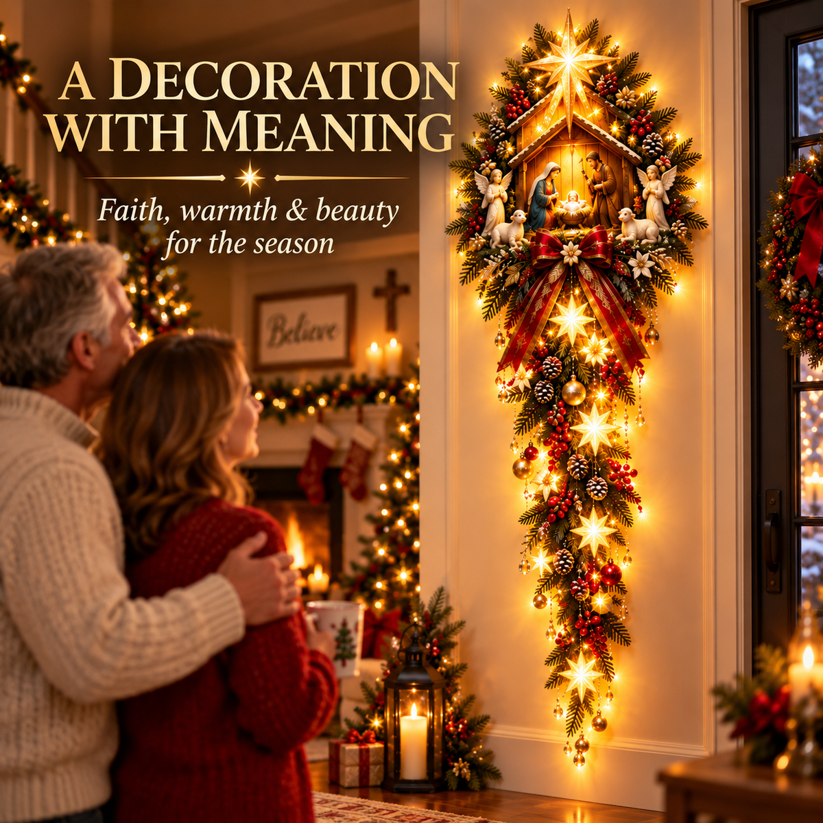 Couple enjoying meaningful Christmas Nativity decoration