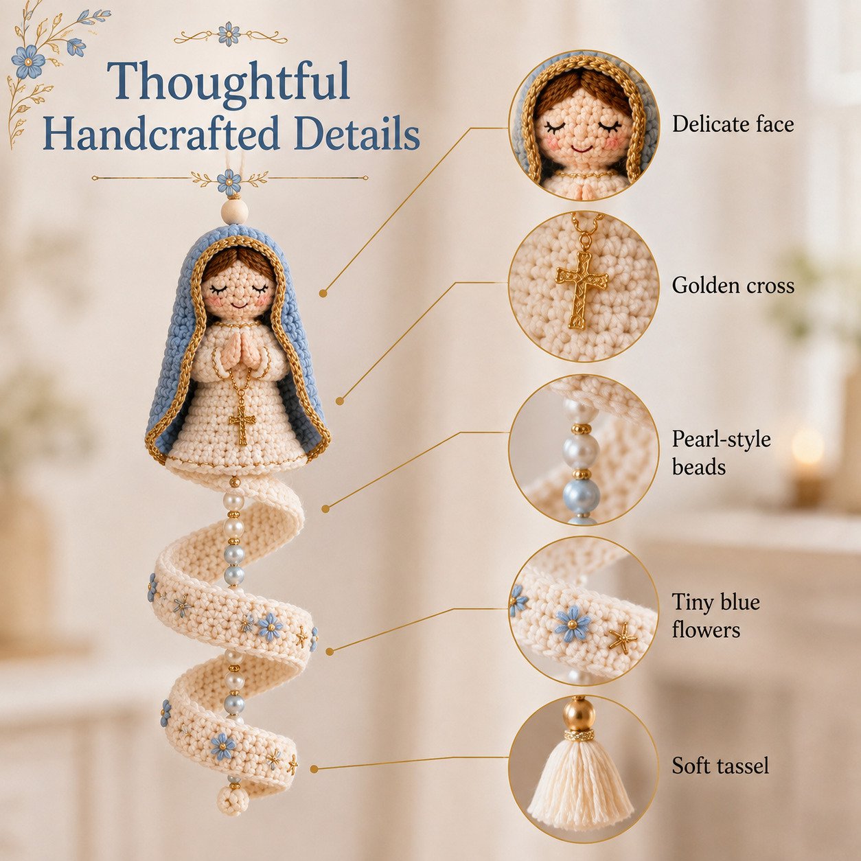 Crochet ornament beads flowers and cross charm details