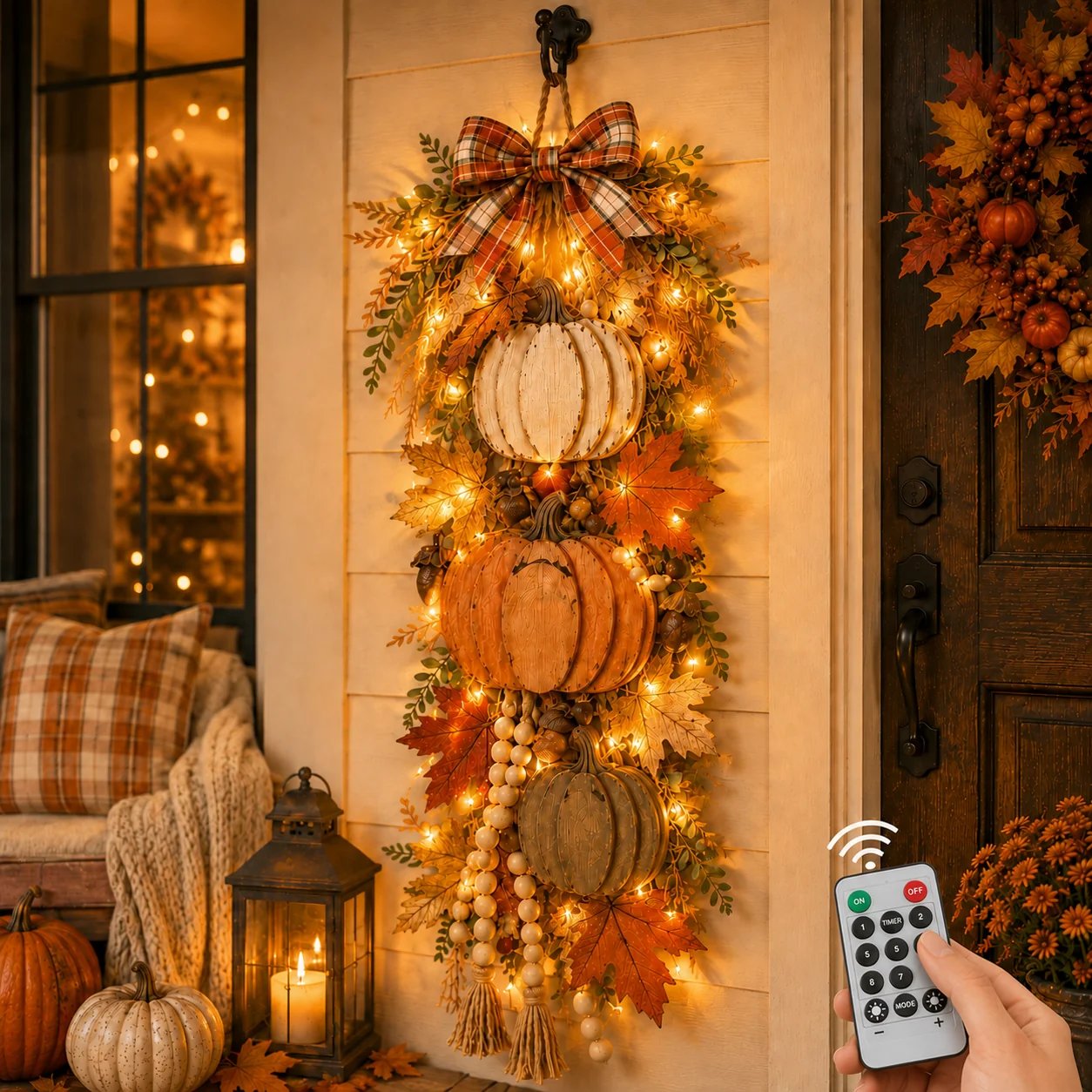 Warm LED pumpkin door hanging glowing at night