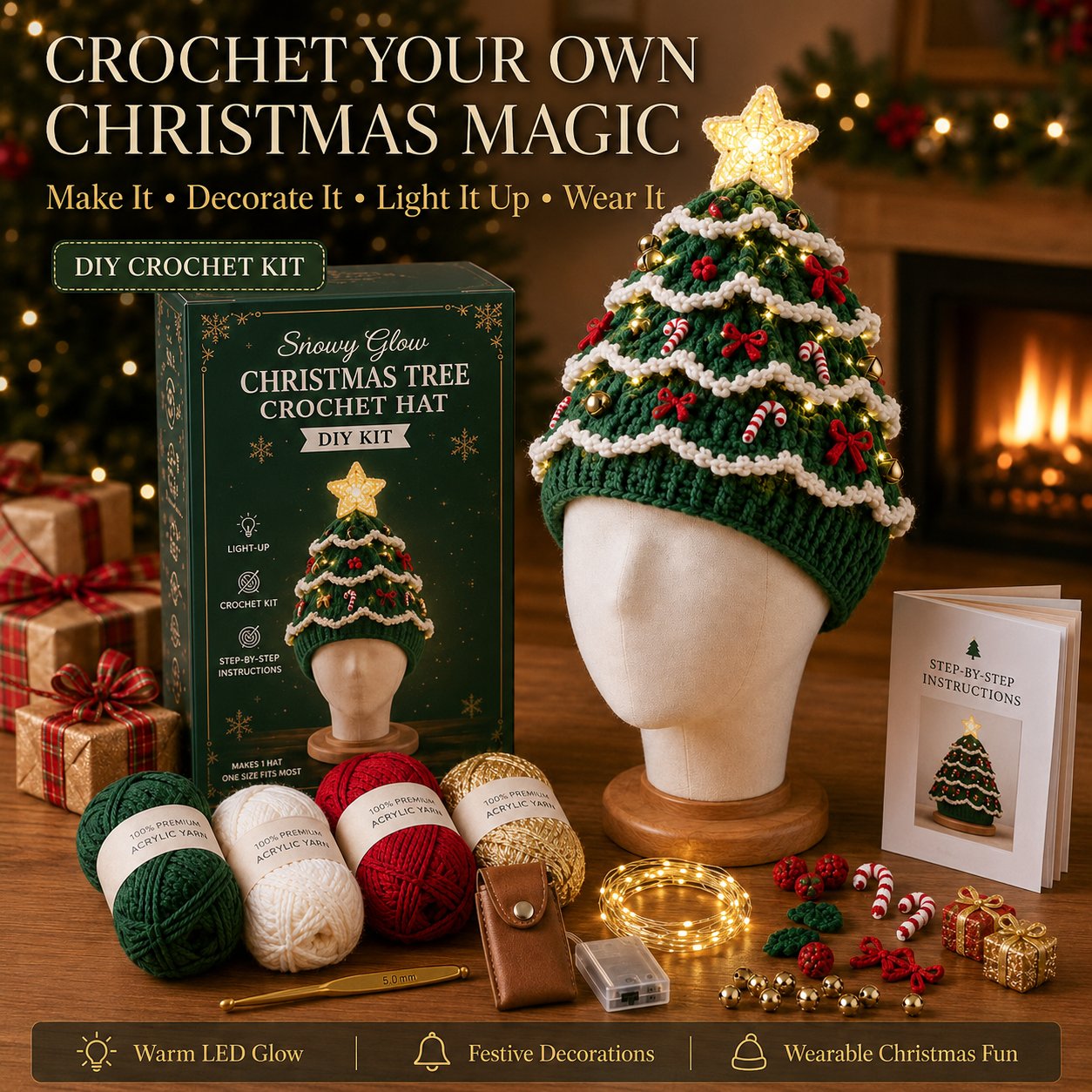 🎄Beginner-Friendly Light-Up Christmas Tree Crochet Hat DIY Kit | Complete Kit with Coordinated Yarn, LED Lights & Step-by-Step Guide Included 💕