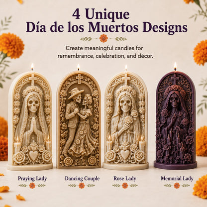 ⏳ Last Day 49% OFF – 💀 4-Piece Día de los Muertos 3D Relief Candle Mold Set | Detailed Skeleton, Floral & Arched Designs for Handmade Decorative Candles 🕯️✨
