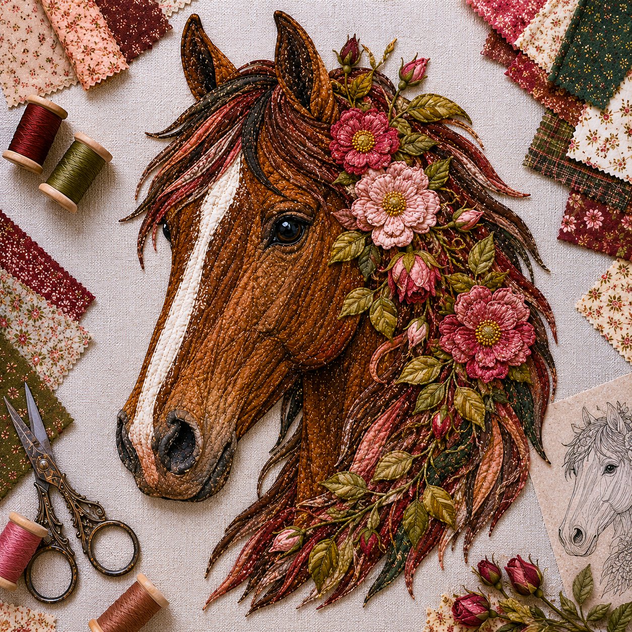 🔥LAST DAY 50% OFF - 🐴 Floral Horse Patchwork Fabric DIY Decor Kit — Handmade Fabric Horse Art with Flowers, Nature & Rustic Charm