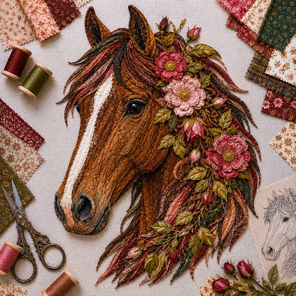 🔥LAST DAY 50% OFF - 🐴 Floral Horse Patchwork Fabric DIY Decor Kit — Handmade Fabric Horse Art with Flowers, Nature & Rustic Charm