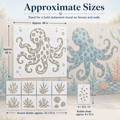 🐙 Reusable Ocean Octopus Mural Stencil Set | Bring Plain Walls & Fences to Life with a Bold Underwater Scene 🌊🎨✨