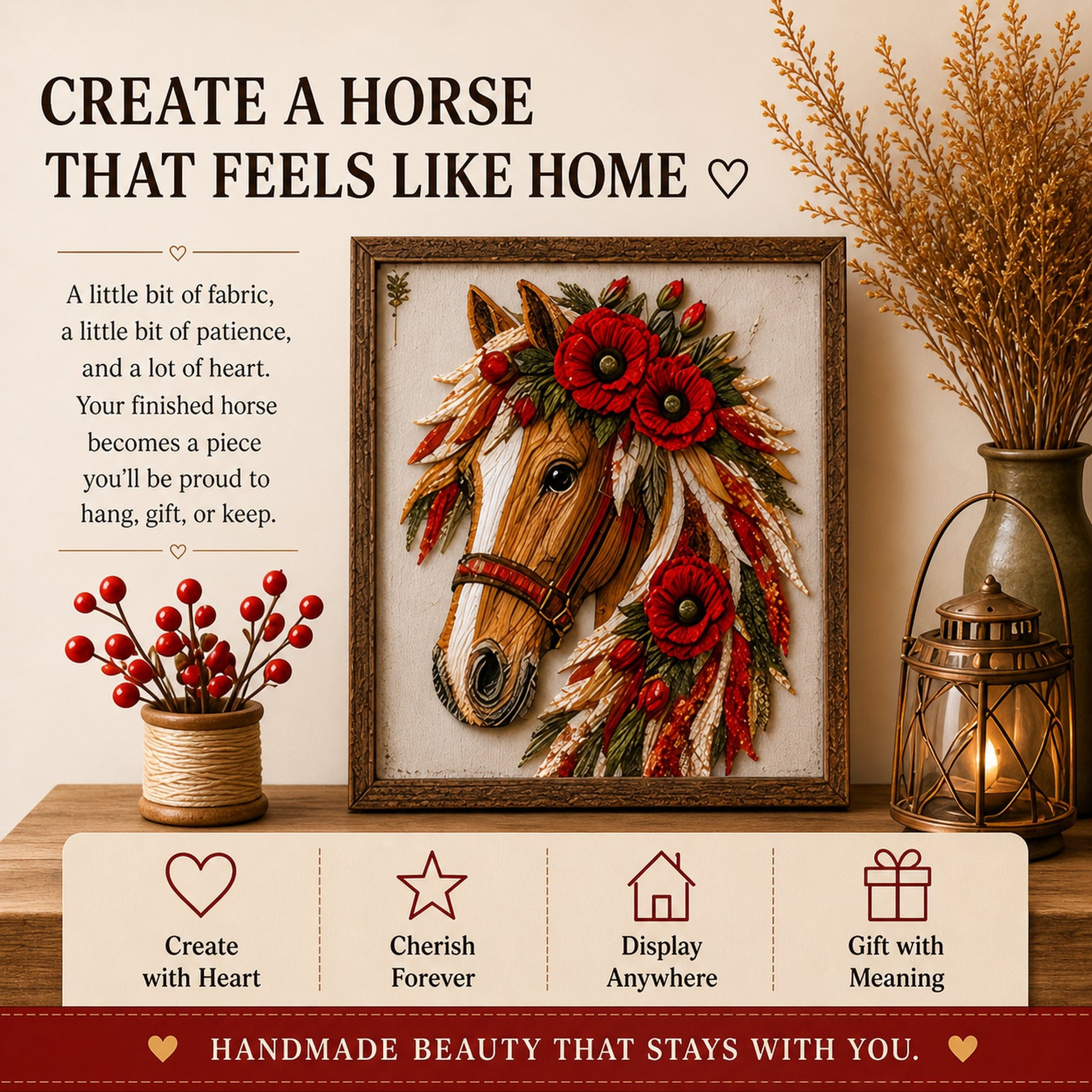 🔥LAST DAY 50% OFF - 🐴 Floral Horse Patchwork Fabric DIY Decor Kit — Handmade Fabric Horse Art with Flowers, Nature & Rustic Charm
