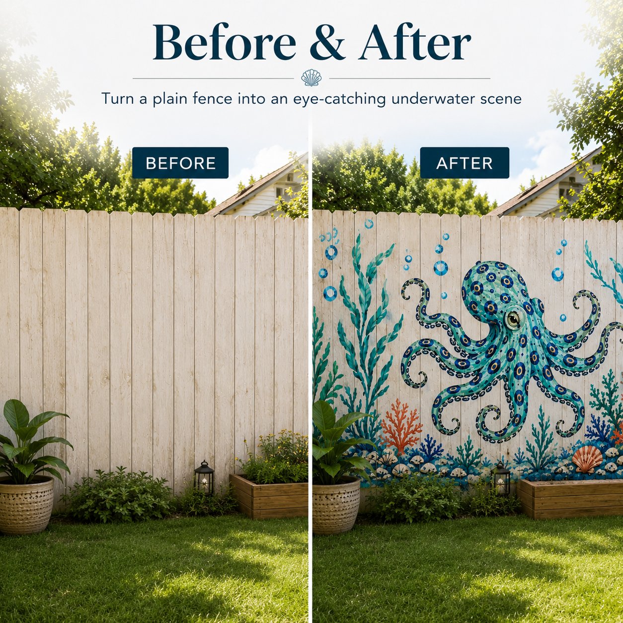 🐙 Reusable Ocean Octopus Mural Stencil Set | Bring Plain Walls & Fences to Life with a Bold Underwater Scene 🌊🎨✨