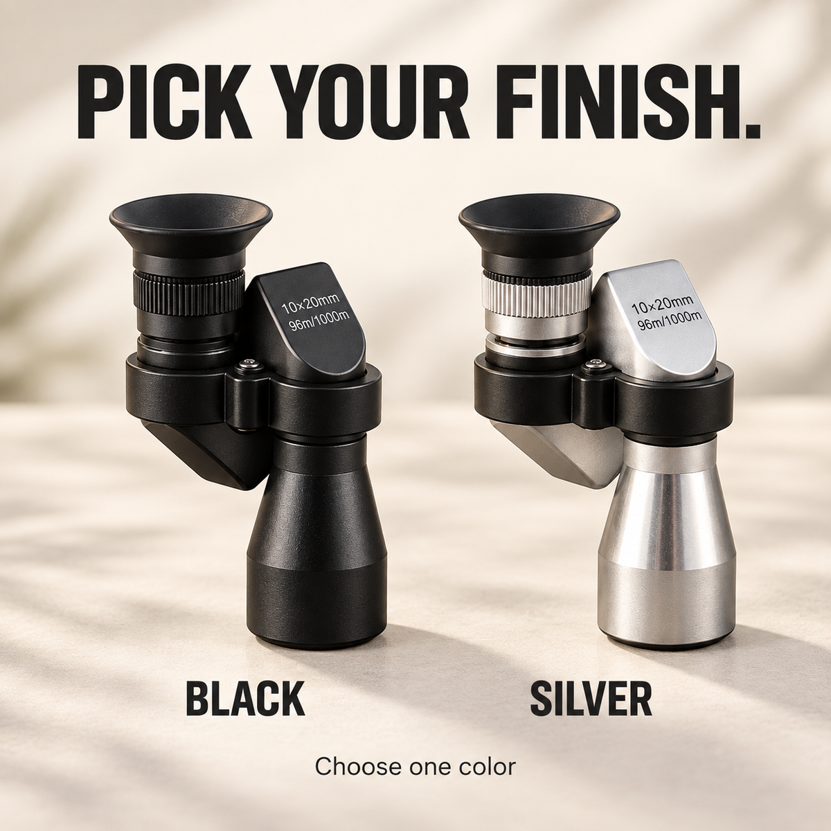 Black and silver versions of the same folded mini monocular displayed side by side as separate color choices
