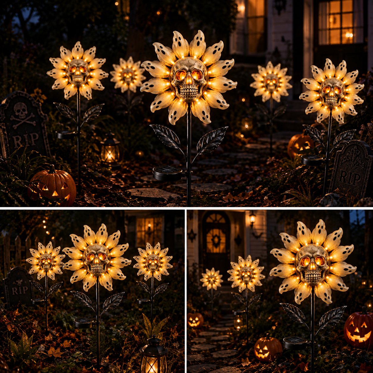 👻 Skull & Ghost Sunflower Solar Garden Stake