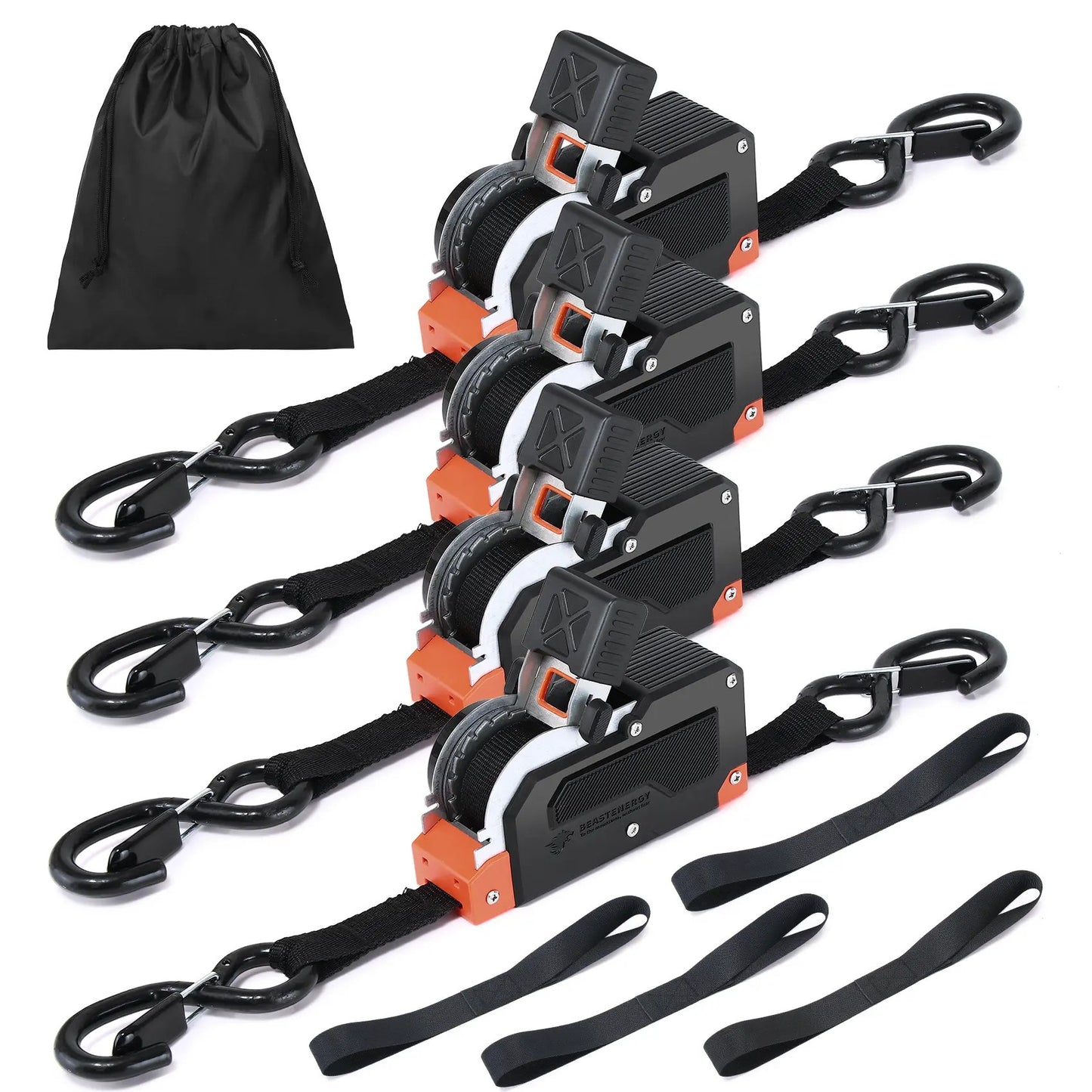 Dual-End Retractable Tie-Down Ratcheting Straps