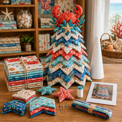 🌊 Ocean Dreams Layered Fabric Tree Craft Kit | Create a Freestanding Coastal Centerpiece with Coordinated Fabrics & Marine Topper 🐚✨