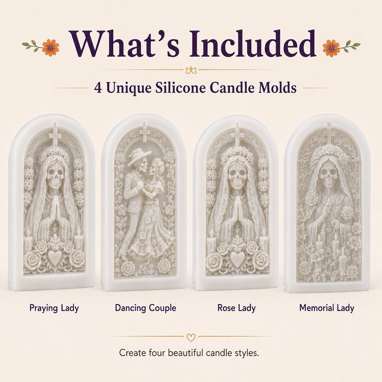 ⏳ Last Day 49% OFF – 💀 4-Piece Día de los Muertos 3D Relief Candle Mold Set | Detailed Skeleton, Floral & Arched Designs for Handmade Decorative Candles 🕯️✨